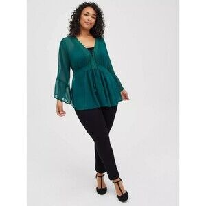 Torrid 2 Babydoll Chiffon Lurex Crochet Detail Lace-Up Blouse Green